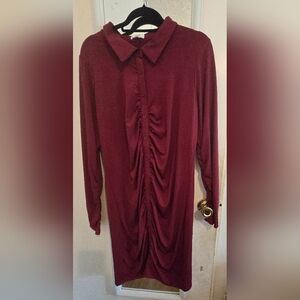 Burgundy Ruched Button-Down Shirt